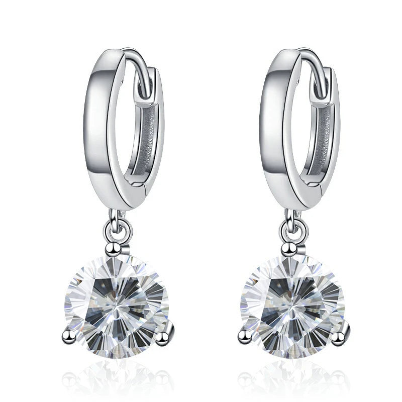 Colorful Solitaire Moissanite Hoop Drops in Sterling Silver — White / Sakura Cut