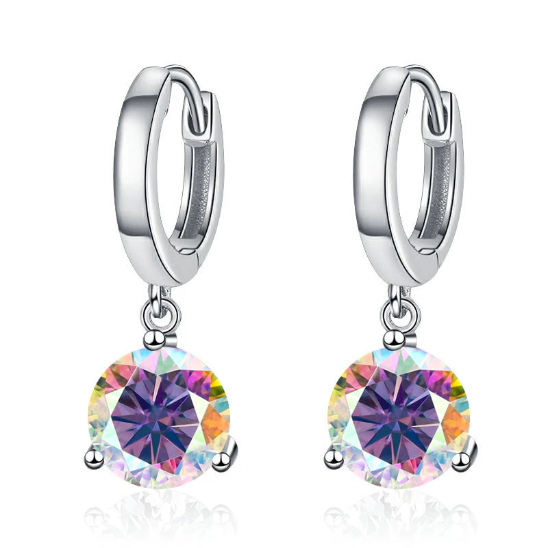 Colorful Solitaire Moissanite Hoop Drops in Sterling Silver — Purple multicolor stone comparison