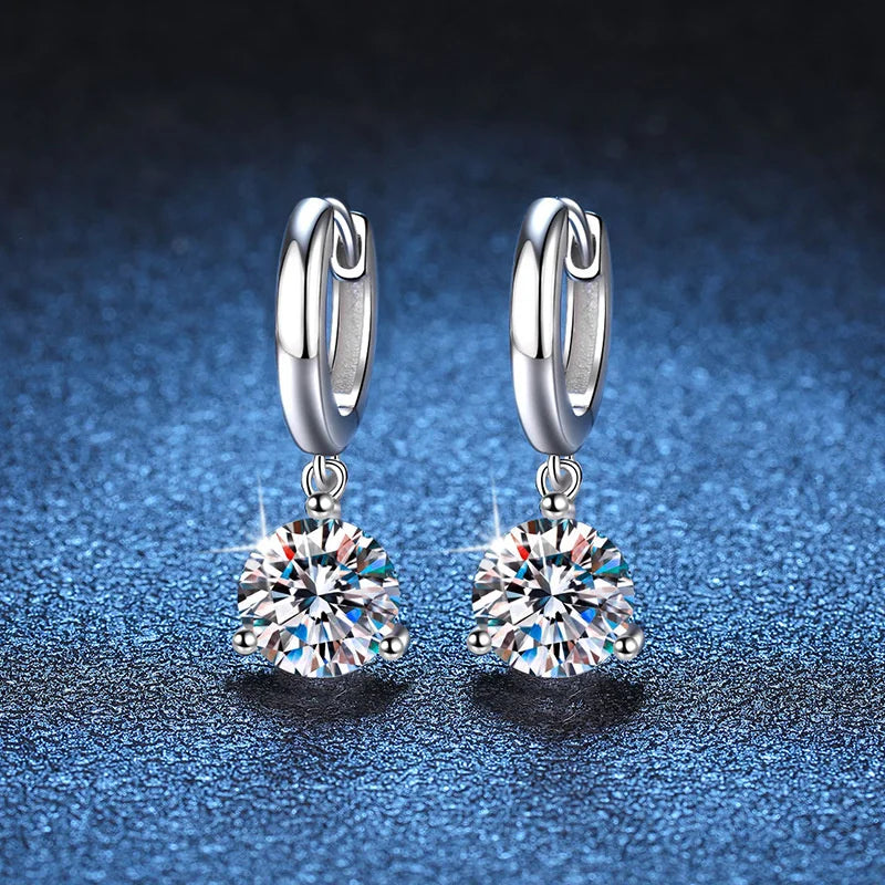 Colorful Solitaire Moissanite Hoop Drops in Sterling Silver — White solitaire hoop drops