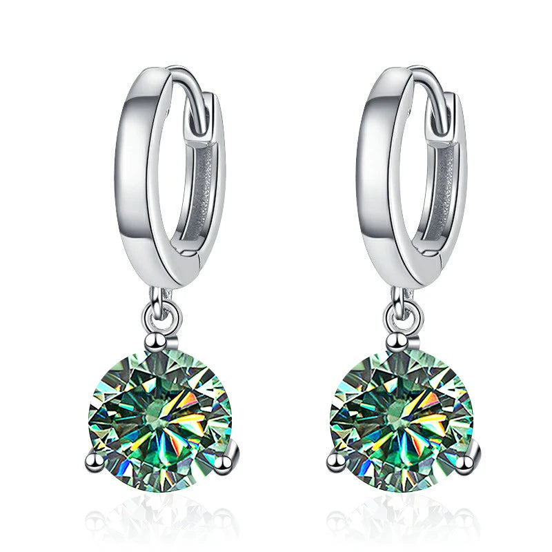 Colorful Solitaire Moissanite Hoop Drops in Sterling Silver — Blue-Green