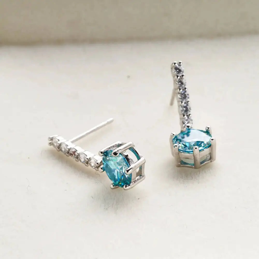 Colorful Moissanite Bar Drop Earrings in Sterling Silver — Sea Blue posts and open stone settings