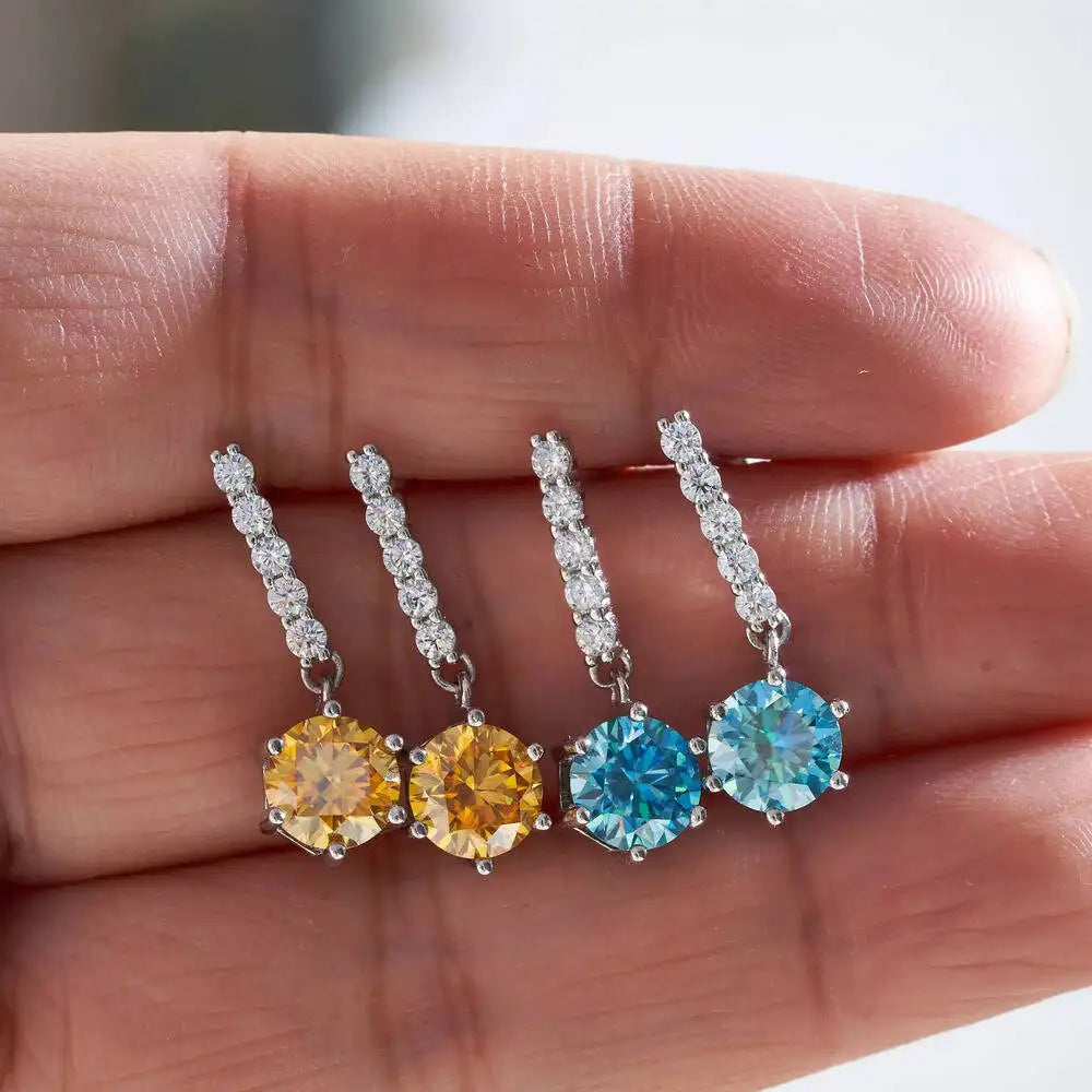 Colorful Moissanite Bar Drop Earrings in Sterling Silver — Sea Blue and Golden Yellow compared