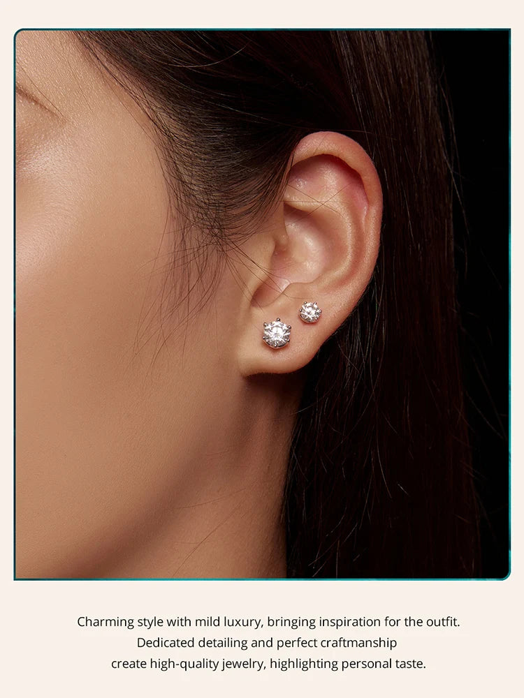 Round Moissanite Screw-Back Stud Earrings in Silver — Studs worn