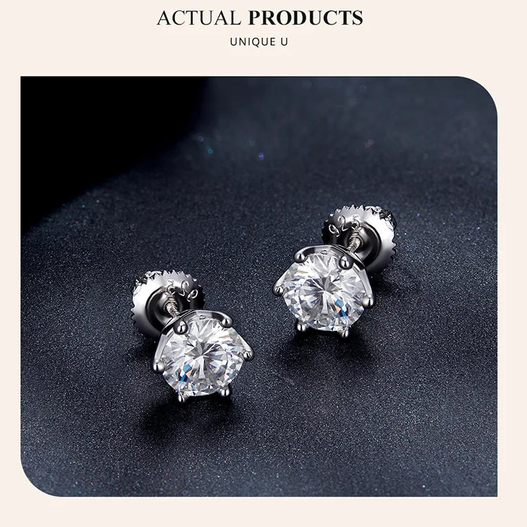 Round Moissanite Screw-Back Stud Earrings in Silver — Silver pair on dark surface