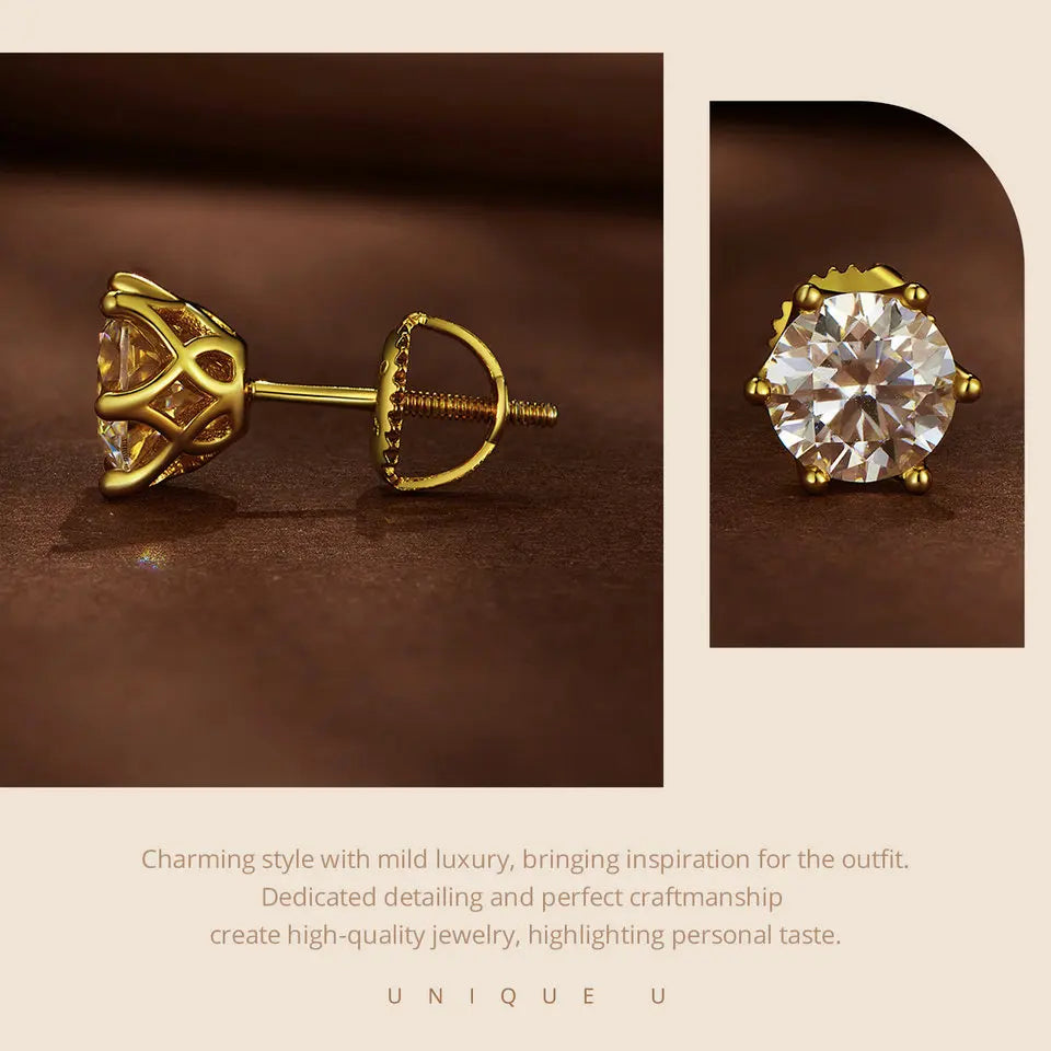 Round Moissanite Screw-Back Stud Earrings in Silver — Gold-tone screw-back detail