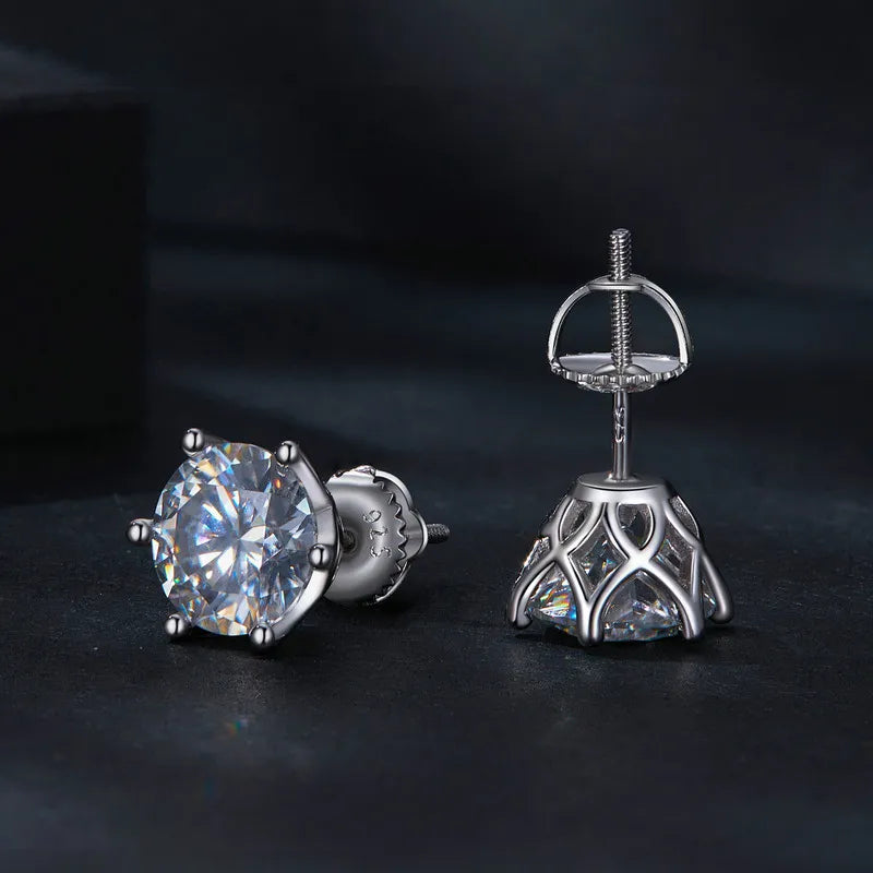 Round Moissanite Screw-Back Stud Earrings in Silver — Openwork basket and threaded post