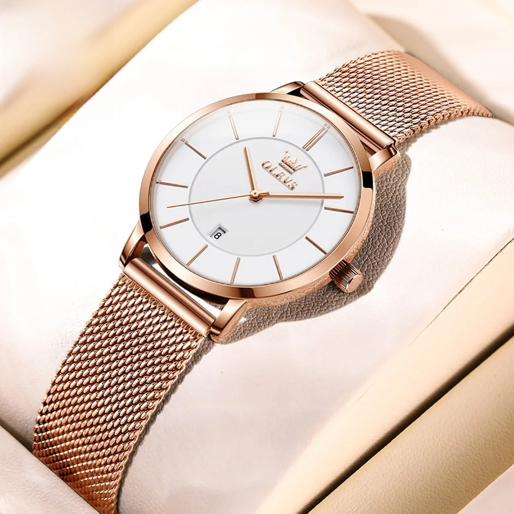 Women's Minimalist Mesh Date Quartz Watch — Rose Gold Tone / White Dial — BandsCo Straps