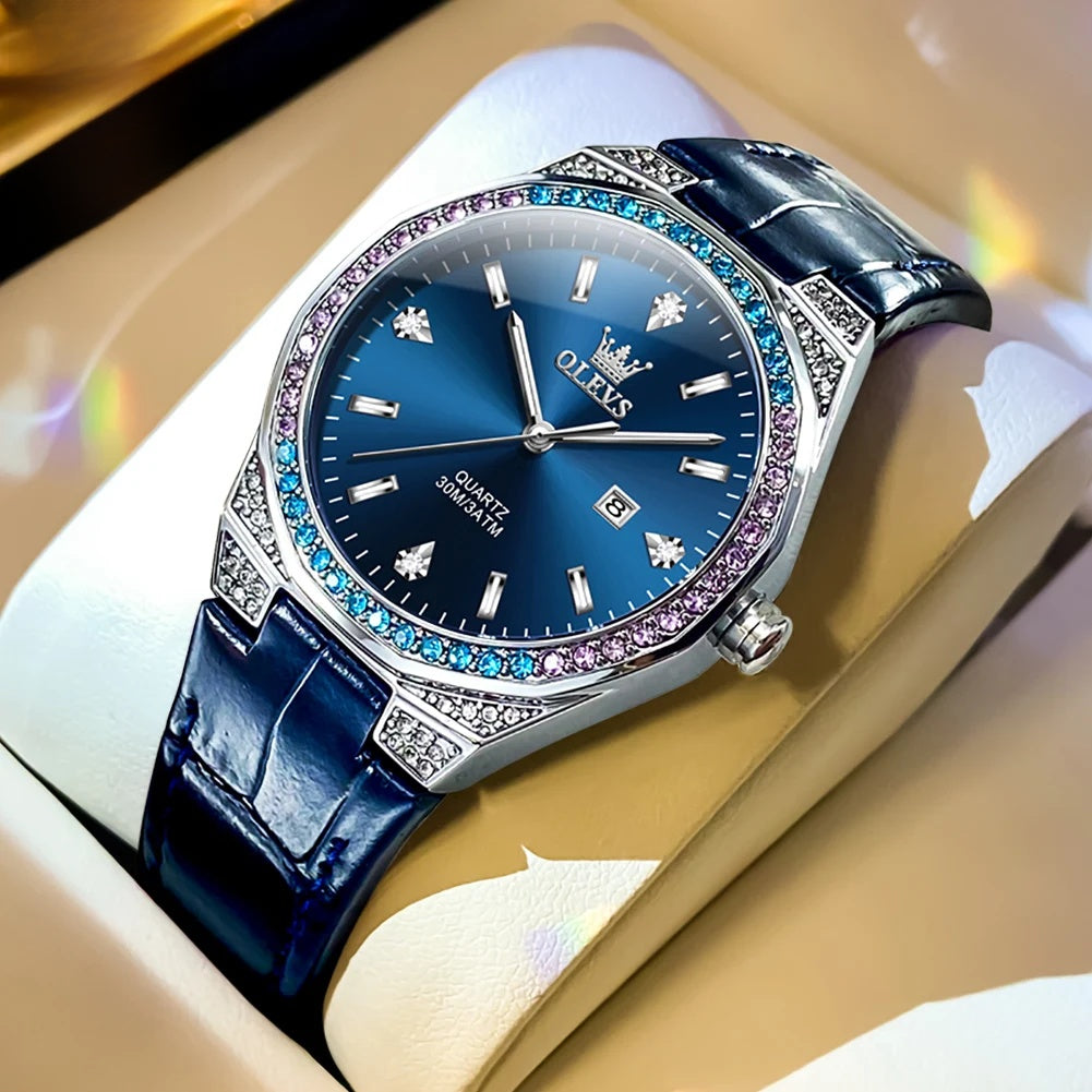 Women's Crystal Bezel Leather Date Watch — Navy Blue / Blue Dial — BandsCo Straps