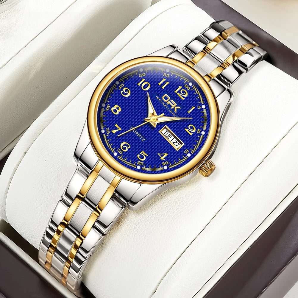 Women's Arabic Dial Steel Day-Date Watch — Two Tone / Blue Dial — BandsCo Straps