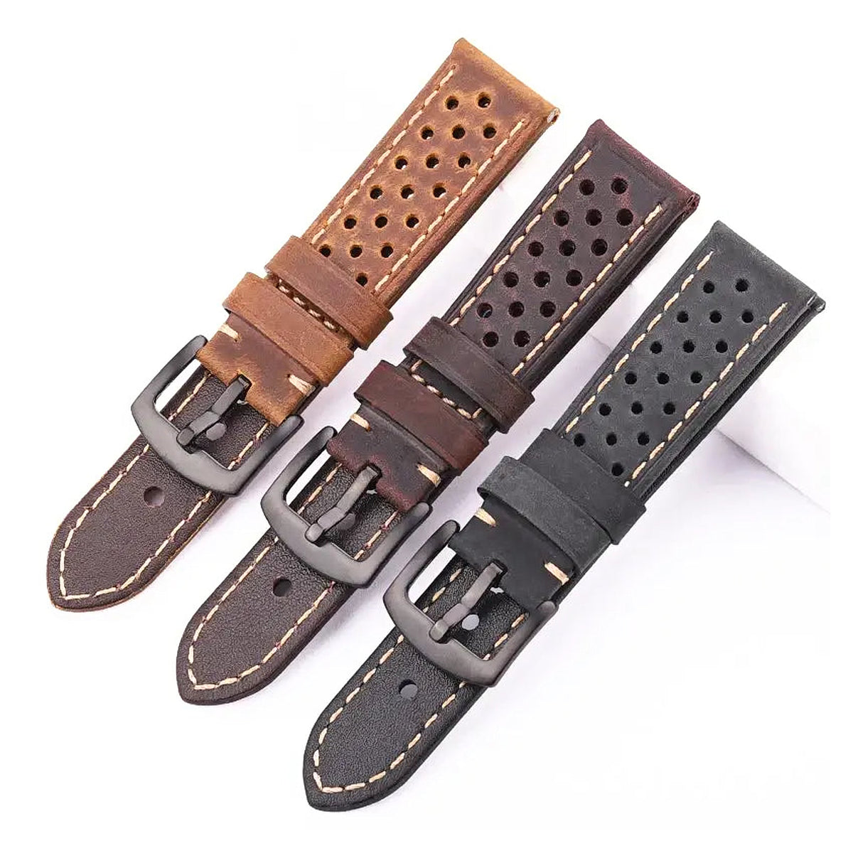 Suunto Perforated Leather Rally Band - Brown, dark brown and black comparison