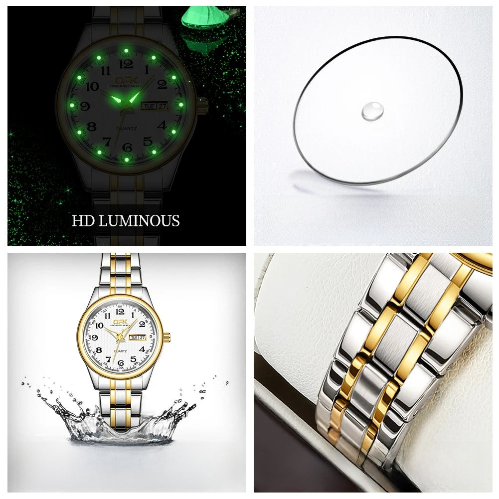 Women's Arabic Dial Steel Day-Date Watch — Luminous hands and bracelet details — BandsCo Straps