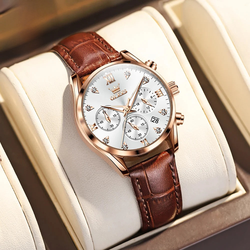 Women's Multifunction Leather Quartz Watch — Rose Gold Tone / White Dial — BandsCo Straps