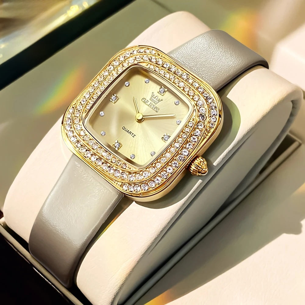 Women's Square Crystal Bezel Leather Watch — Beige / Gold Tone — BandsCo Straps