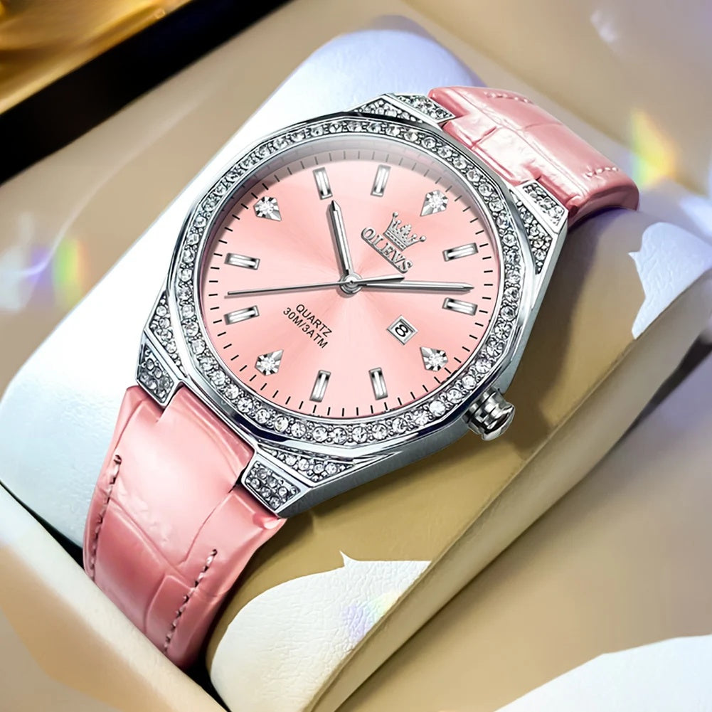 Women's Crystal Bezel Leather Date Watch — Pink / Pink Dial — BandsCo Straps
