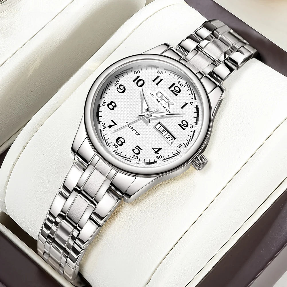 Women's Arabic Dial Steel Day-Date Watch — Silver Tone / White Dial — BandsCo Straps