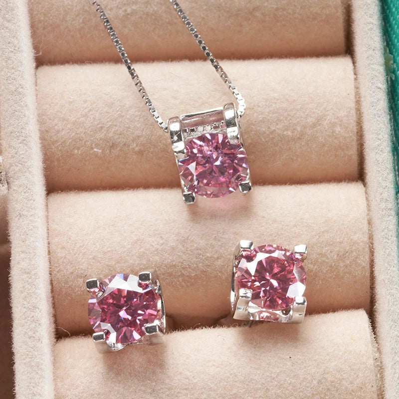 Colored Moissanite Necklace & Stud Earring Set in Silver — Pink set