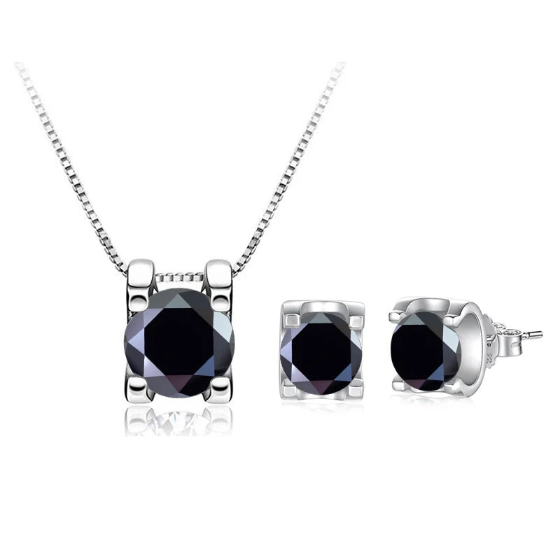 Colored Moissanite Necklace & Stud Earring Set in Silver — Black set