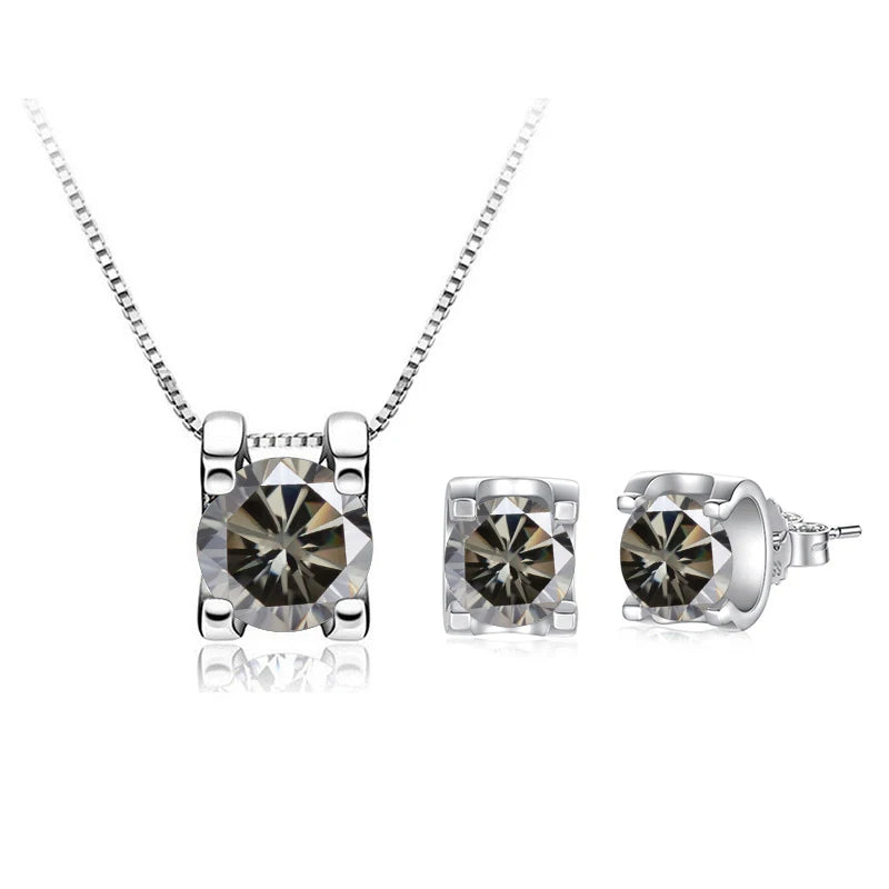 Colored Moissanite Necklace & Stud Earring Set in Silver — Gray set