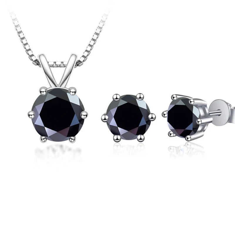 Round Moissanite Necklace & Stud Earring Set in Silver - Black pendant and studs
