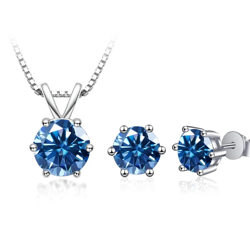 Round Moissanite Necklace & Stud Earring Set in Silver - Royal blue set