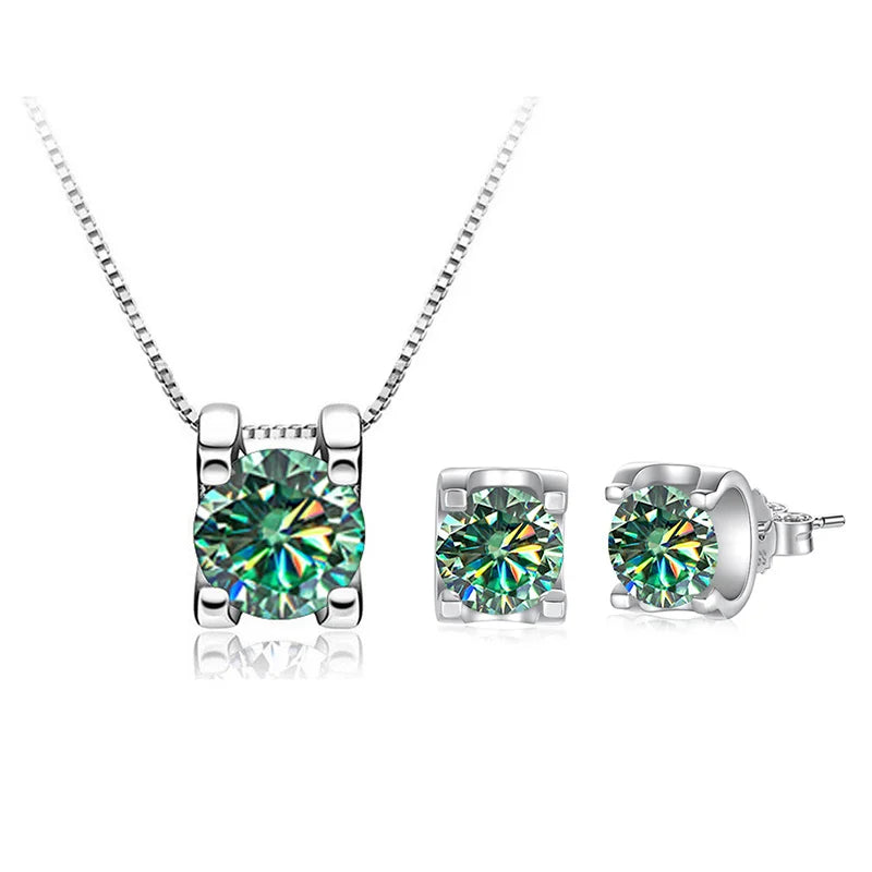 Colored Moissanite Necklace & Stud Earring Set in Silver — Blue green set