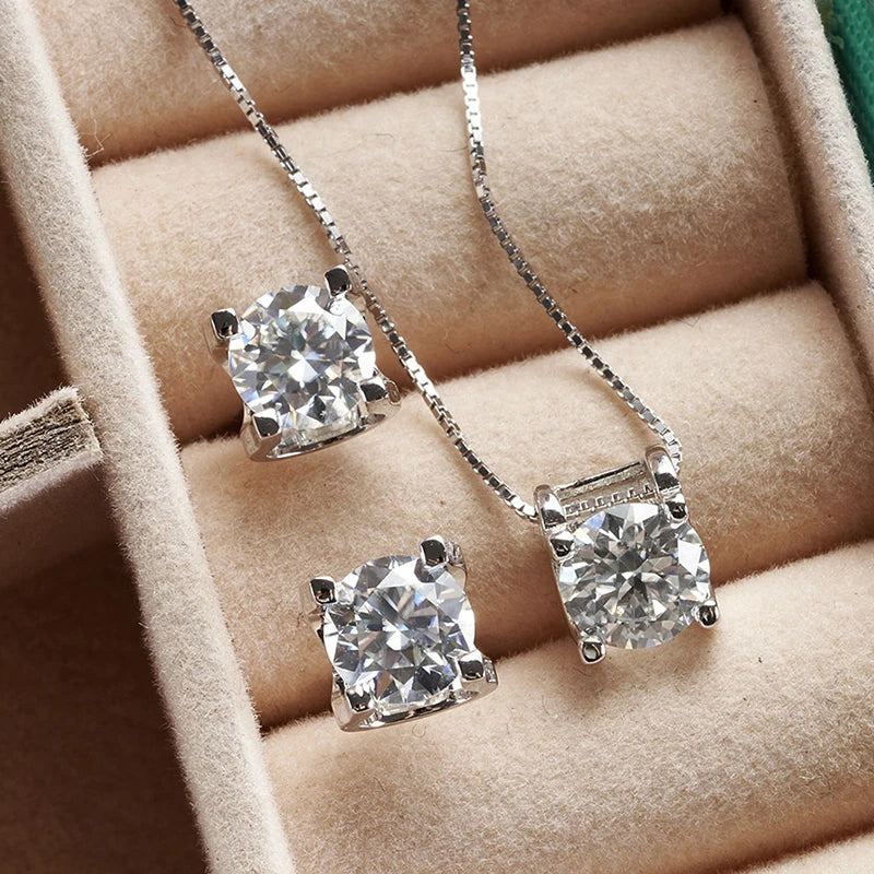 Colored Moissanite Necklace & Stud Earring Set in Silver — White set in display box