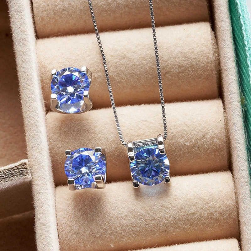 Colored Moissanite Necklace & Stud Earring Set in Silver — Blue set