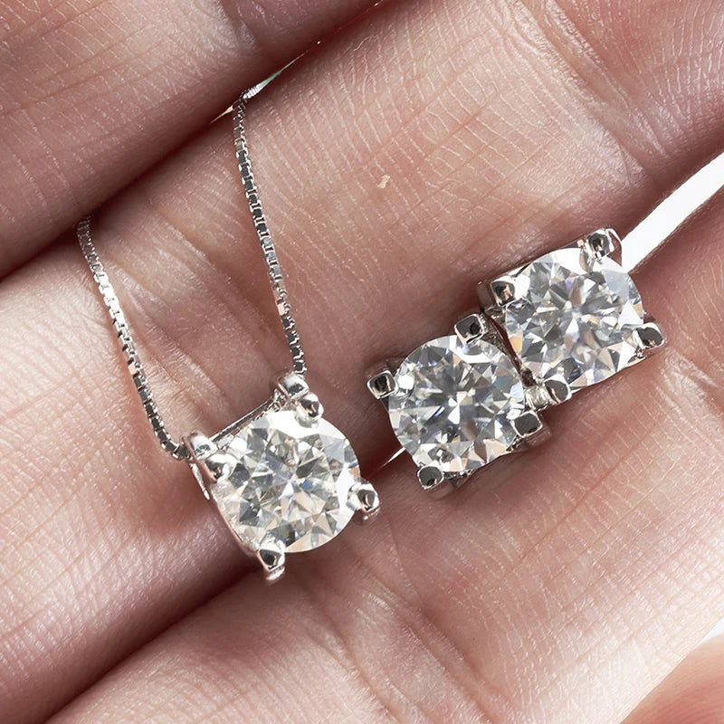 Colored Moissanite Necklace & Stud Earring Set in Silver — White set on hand