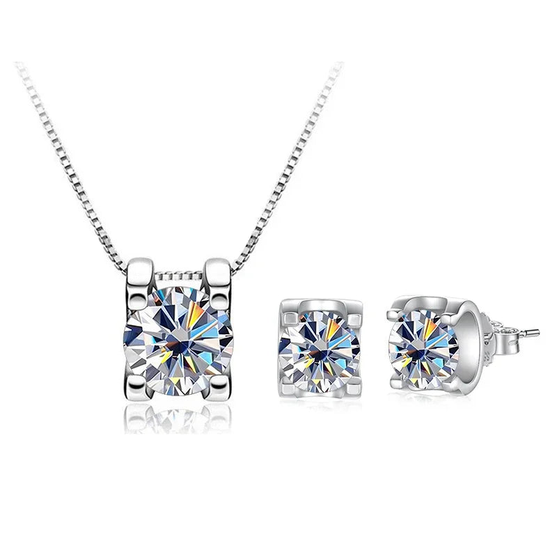 Colored Moissanite Necklace & Stud Earring Set in Silver — White set