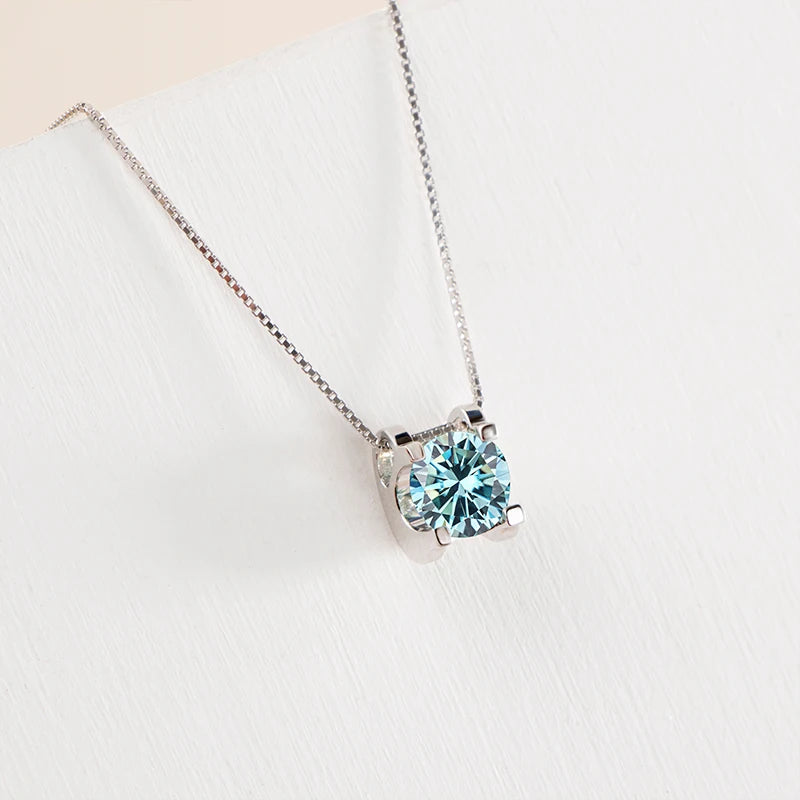 Colored Moissanite Necklace & Stud Earring Set in Silver — Blue pendant