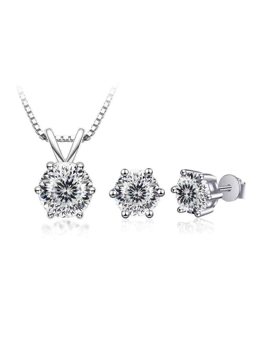 Round Moissanite Necklace & Stud Earring Set in Silver - White alternate stone design