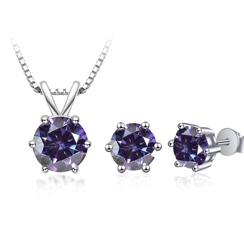 Round Moissanite Necklace & Stud Earring Set in Silver - Violet pendant and studs