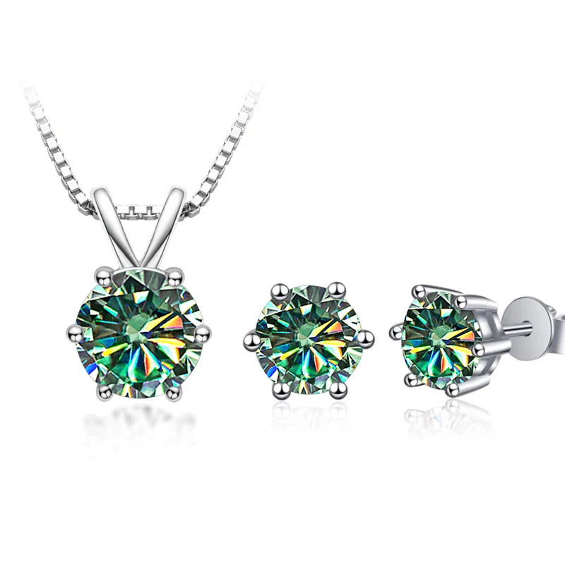 Round Moissanite Necklace & Stud Earring Set in Silver - Blue green set