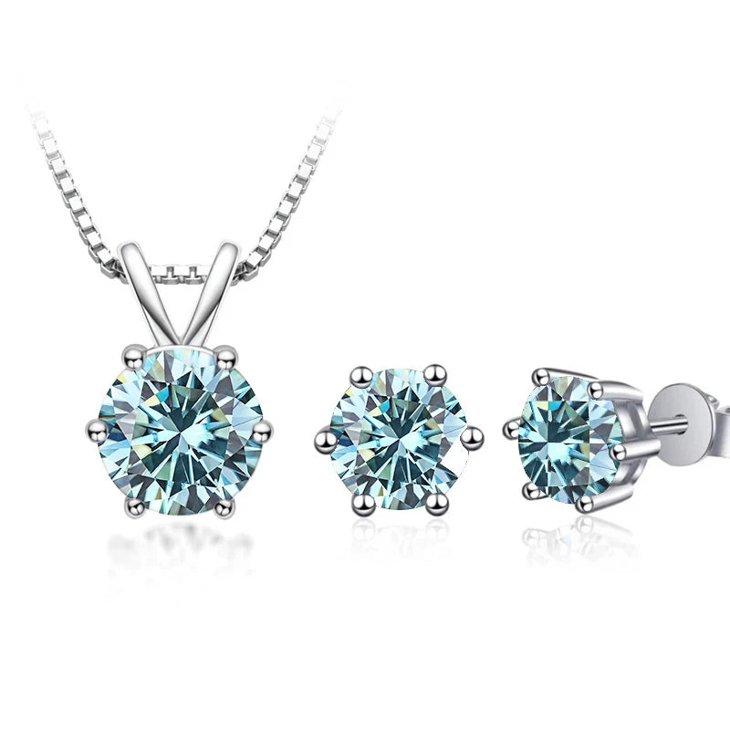 Round Moissanite Necklace & Stud Earring Set in Silver - Blue set