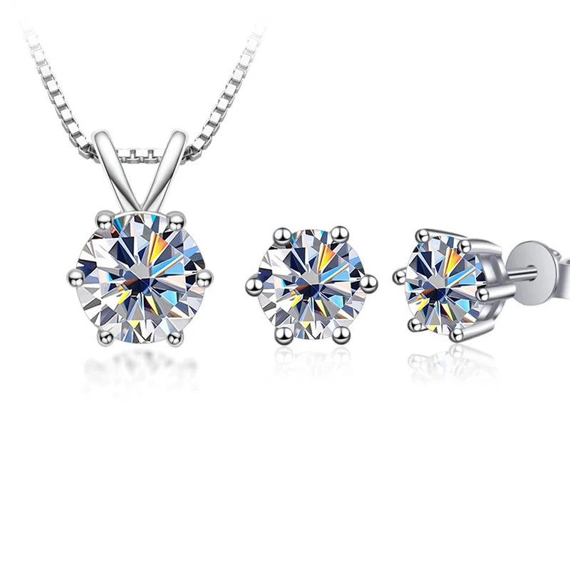Round Moissanite Necklace & Stud Earring Set in Silver - White pendant and studs