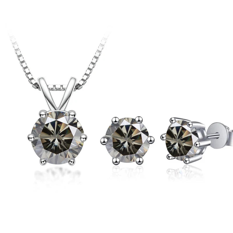 Round Moissanite Necklace & Stud Earring Set in Silver - Gray set