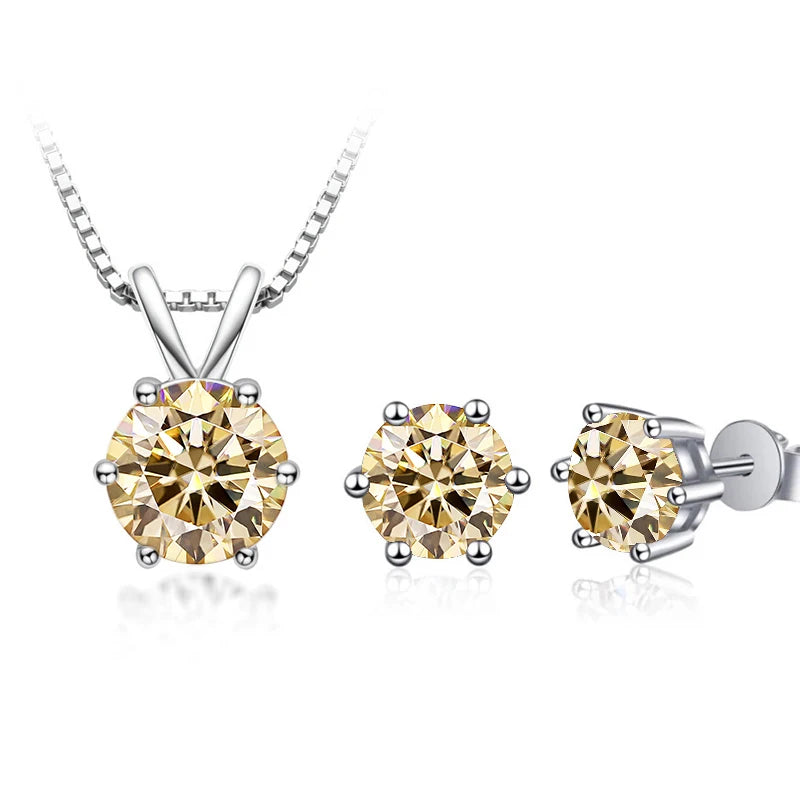 Round Moissanite Necklace & Stud Earring Set in Silver - Light yellow set