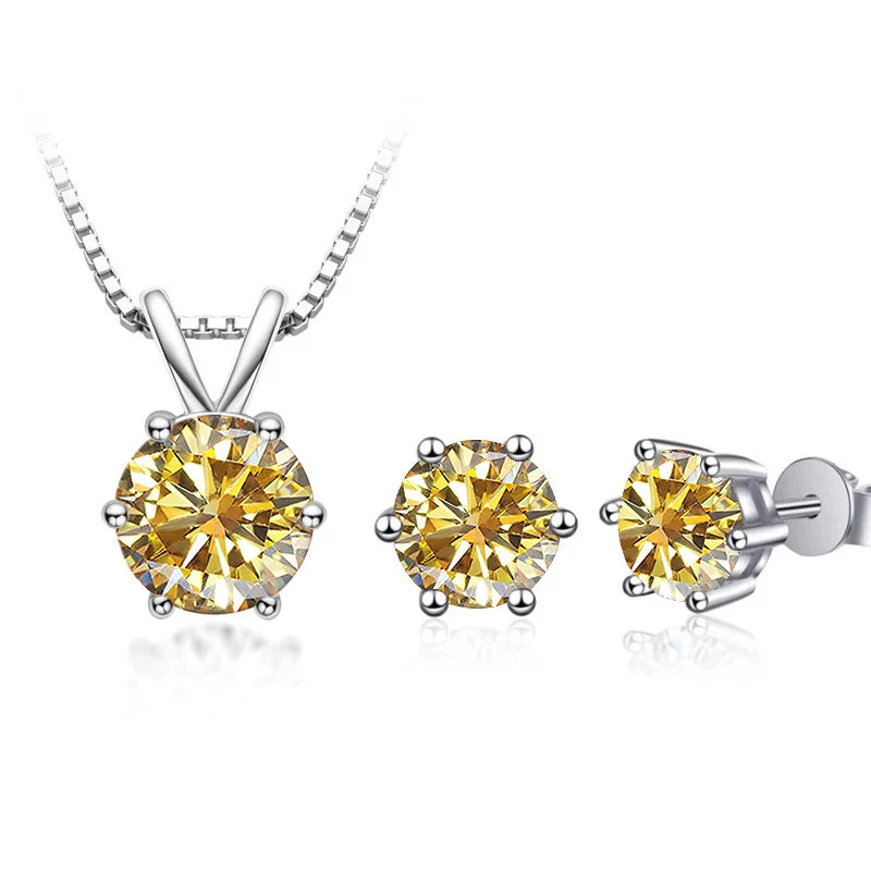 Round Moissanite Necklace & Stud Earring Set in Silver - Golden yellow set