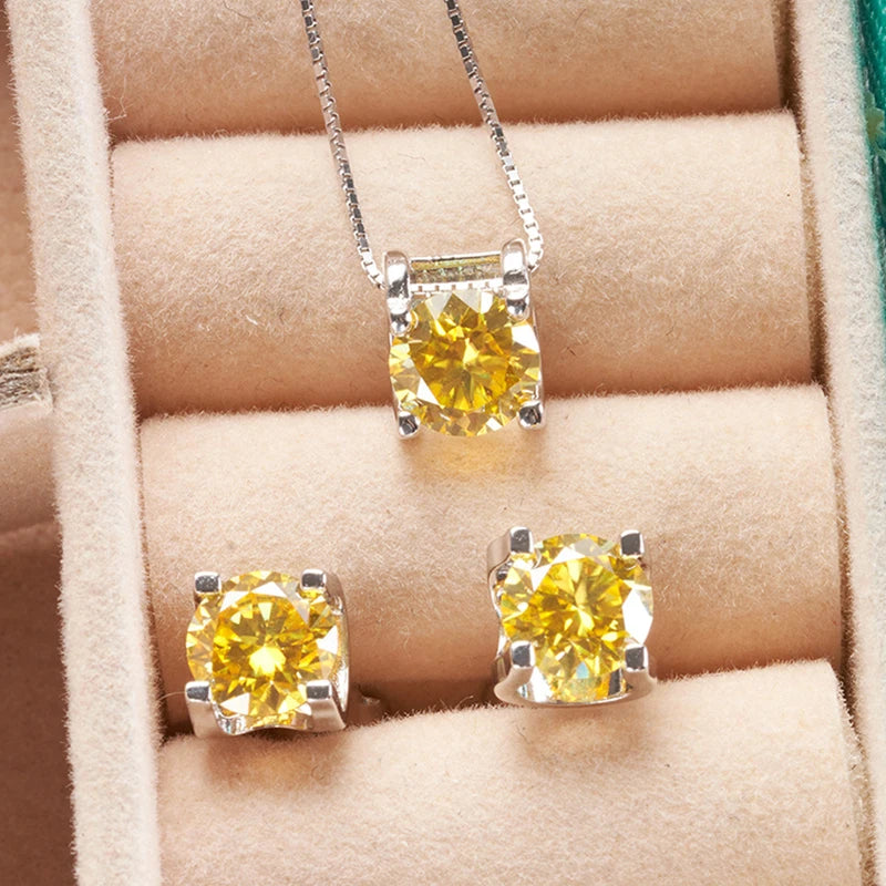Colored Moissanite Necklace & Stud Earring Set in Silver — Yellow set in box