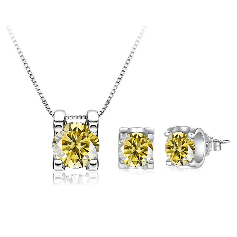 Colored Moissanite Necklace & Stud Earring Set in Silver — Lemon yellow set