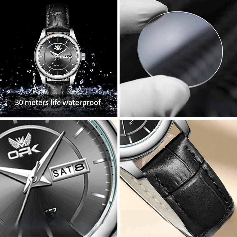 Women's Leather Day-Date Quartz Watch — Case, crystal and day-date details — BandsCo Straps