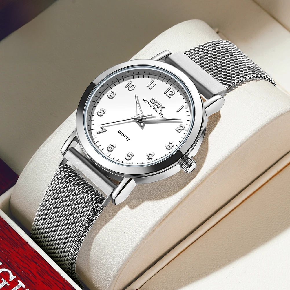 Women's Arabic Numeral Mesh Quartz Watch — Silver Tone / White Dial — BandsCo Straps