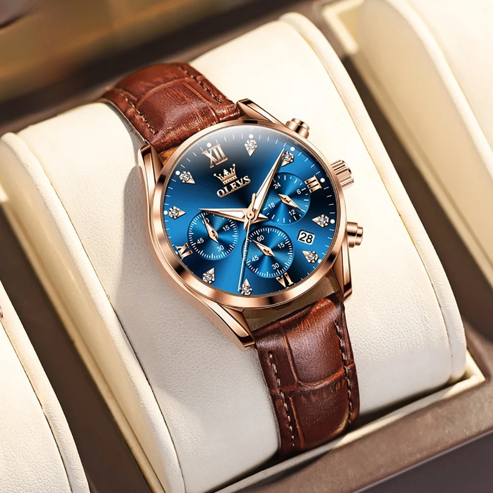 Women's Multifunction Leather Quartz Watch — Rose Gold Tone / Blue Dial — BandsCo Straps