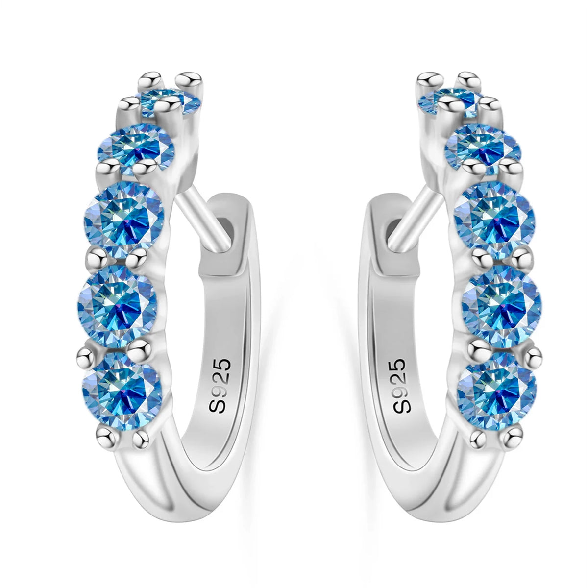 Colorful Five-Stone Moissanite Hoop Earrings in Sterling Silver — Royal Blue