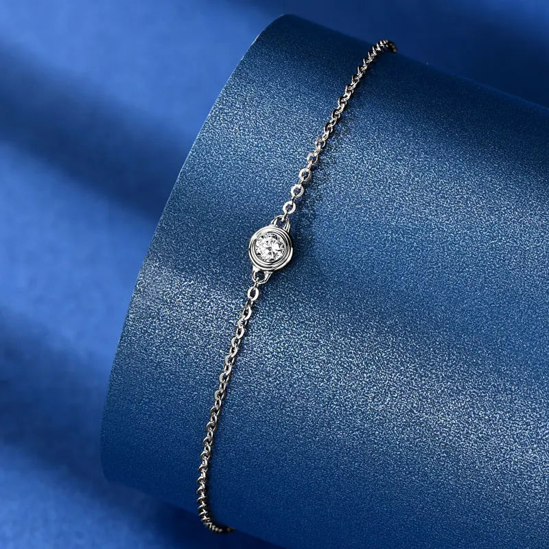 Bezel Moissanite Necklace, Bracelet & Stud Earring Set - Silver bezel bracelet close-up