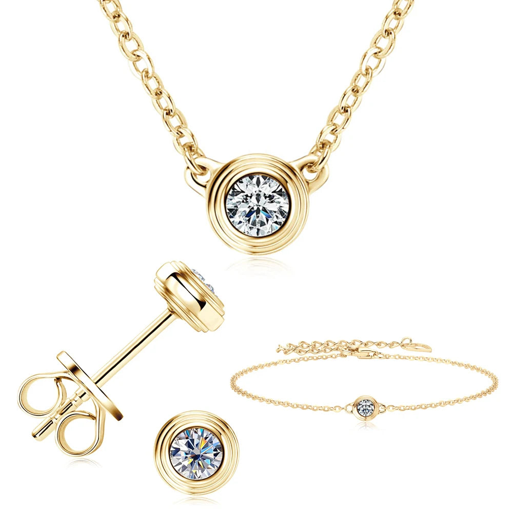 Bezel Moissanite Necklace, Bracelet & Stud Earring Set - Gold-tone complete set