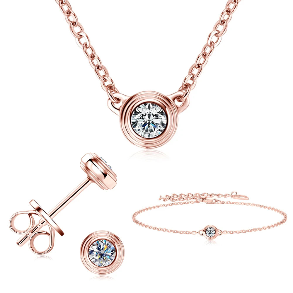 Bezel Moissanite Necklace, Bracelet & Stud Earring Set - Rose gold-tone complete set