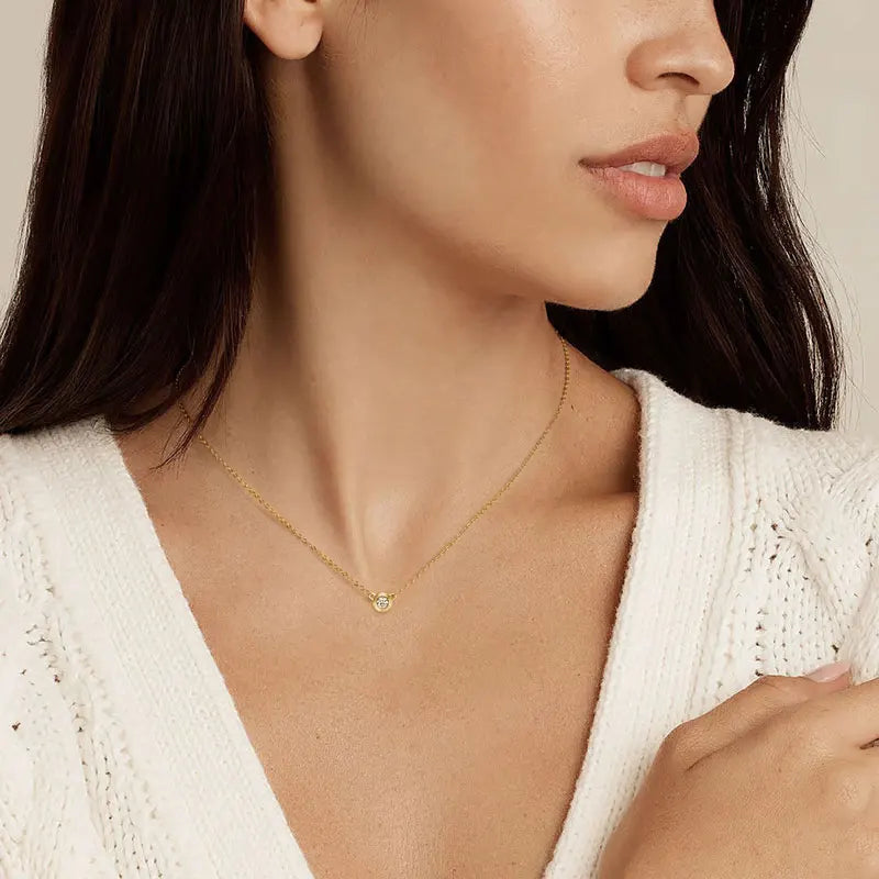 Bezel Moissanite Necklace, Bracelet & Stud Earring Set - Pendant necklace worn close-up