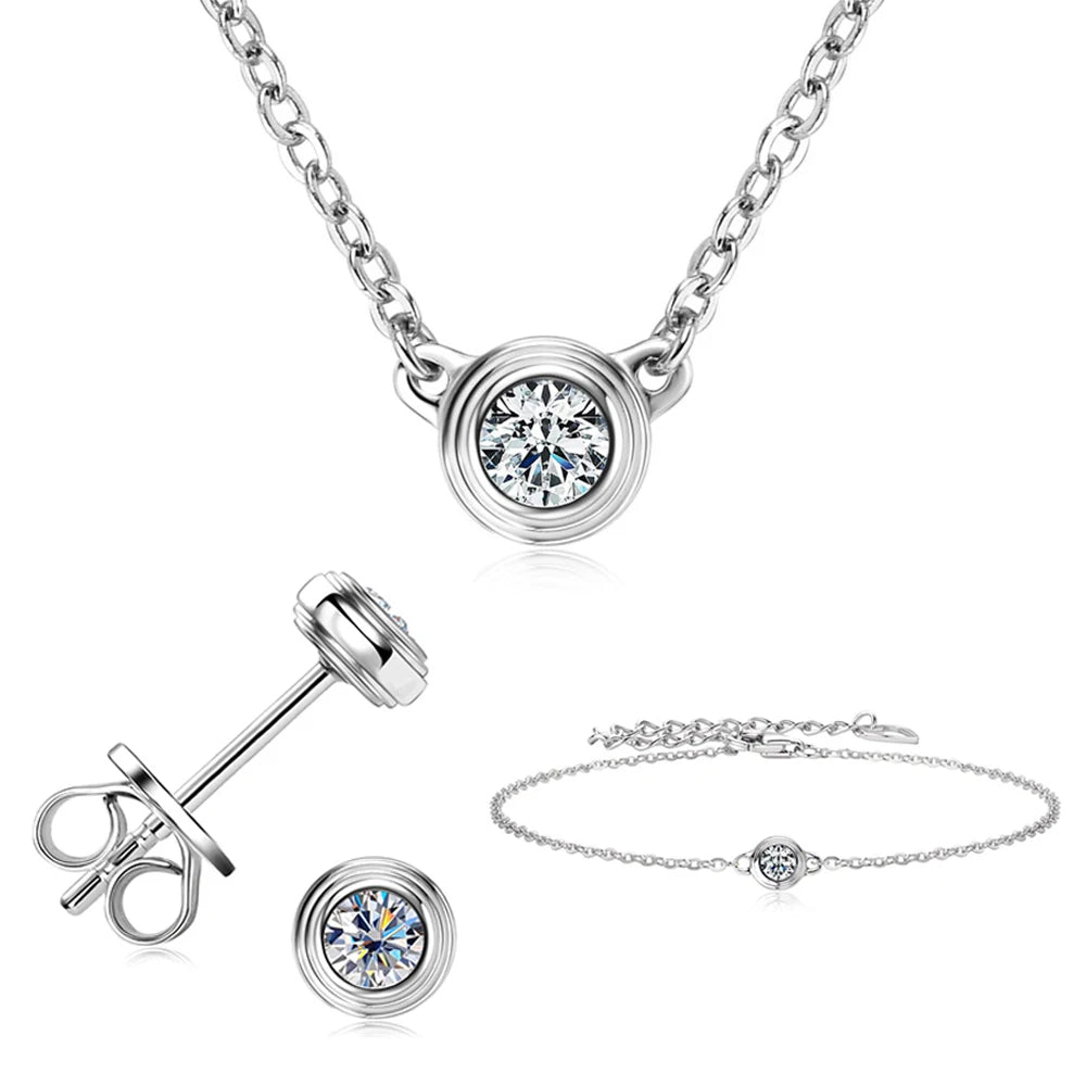 Bezel Moissanite Necklace, Bracelet & Stud Earring Set - Silver complete set