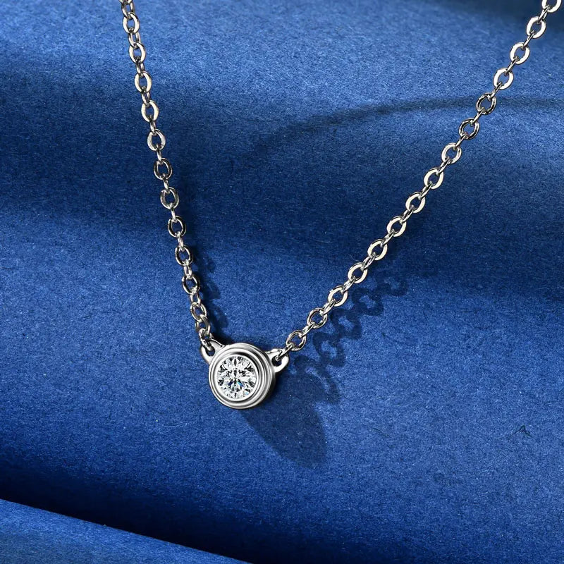 Bezel Moissanite Necklace, Bracelet & Stud Earring Set - Silver bezel necklace close-up